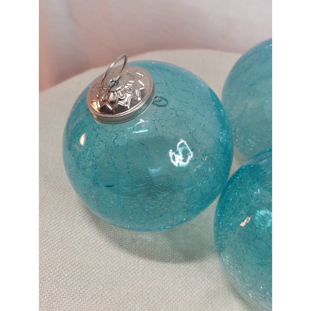 Set Of 3 Large Aqua Blue Crackle Glass Christmas Ornaments Coastal Beach 4" - Picture 14 of 15